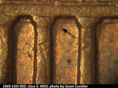 Die-stage B marker on 1969P•1DO•002 (1969 Doubled Die Obverse).
