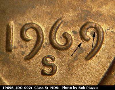 1969 Lincoln cent obverse, CopperCoins die 1969S•1DO•002.
