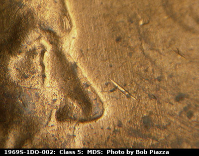 Die-stage B marker on 1969S•1DO•002 (1969 Doubled Die Obverse).