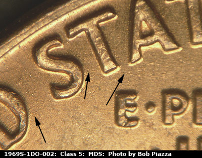 Die-stage B marker on 1969S•1DO•002 (1969 Doubled Die Obverse).