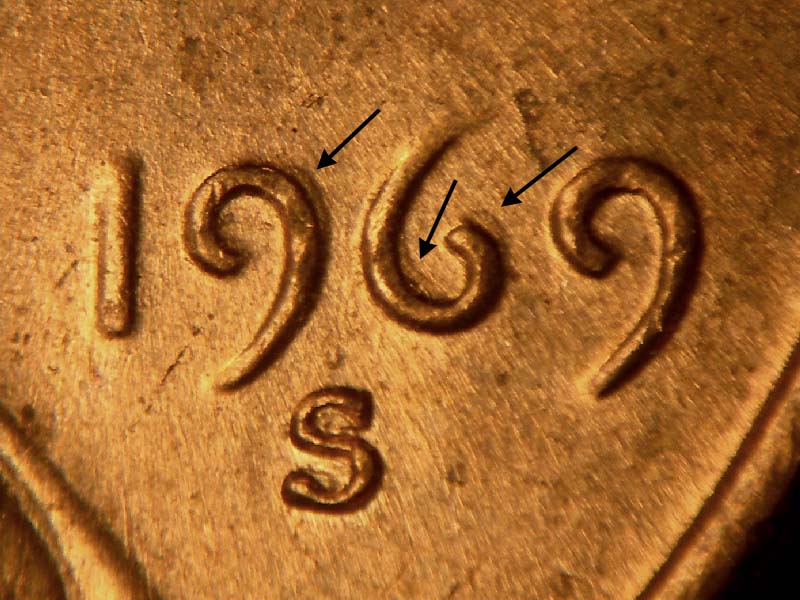 1969 Lincoln cent obverse, CopperCoins die 1969S•1DO•003.