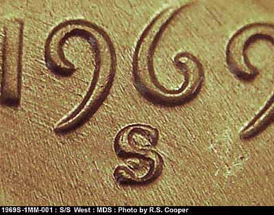 1969 Lincoln cent obverse, CopperCoins die 1969S•1MM•001.