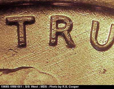 Die-stage B marker on 1969S•1MM•001 (1969 Repunched Mint Mark).