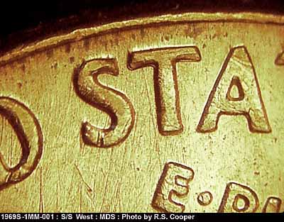 Die-stage B marker on 1969S•1MM•001 (1969 Repunched Mint Mark).