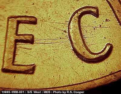 Die-stage B marker on 1969S•1MM•001 (1969 Repunched Mint Mark).