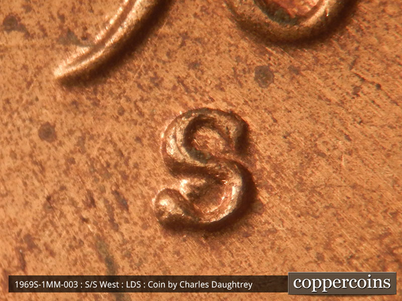 Die-stage C marker on 1969S•1MM•003 (1969 Repunched Mint Mark).