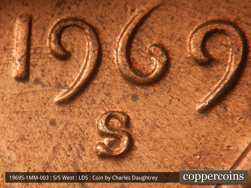 Die-stage C marker on 1969S•1MM•003 (1969 Repunched Mint Mark).