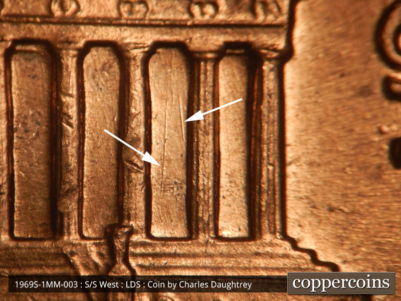 Die-stage C marker on 1969S•1MM•003 (1969 Repunched Mint Mark).