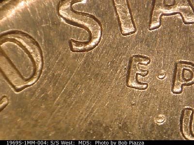 Die-stage B marker on 1969S•1MM•004 (1969 Repunched Mint Mark).