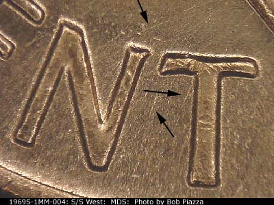 Die-stage B marker on 1969S•1MM•004 (1969 Repunched Mint Mark).