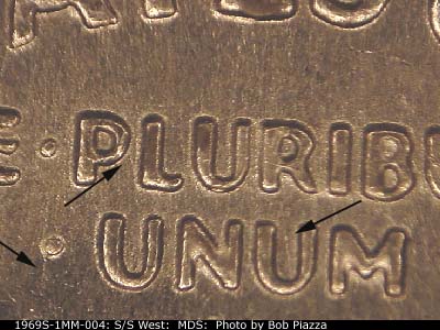Die-stage B marker on 1969S•1MM•004 (1969 Repunched Mint Mark).