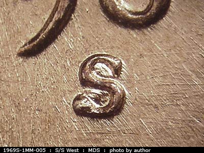 1969 Lincoln cent obverse, CopperCoins die 1969S•1MM•005.