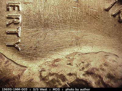 Die-stage B marker on 1969S•1MM•005 (1969 Repunched Mint Mark).