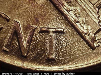 Die-stage B marker on 1969S•1MM•005 (1969 Repunched Mint Mark).