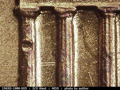 Die-stage B marker on 1969S•1MM•005 (1969 Repunched Mint Mark).