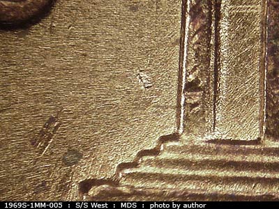 Die-stage B marker on 1969S•1MM•005 (1969 Repunched Mint Mark).