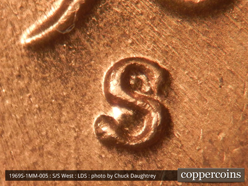 Die-stage C marker on 1969S•1MM•005 (1969 Repunched Mint Mark).