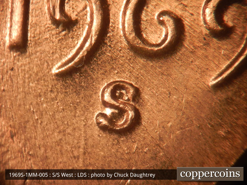 Die-stage C marker on 1969S•1MM•005 (1969 Repunched Mint Mark).
