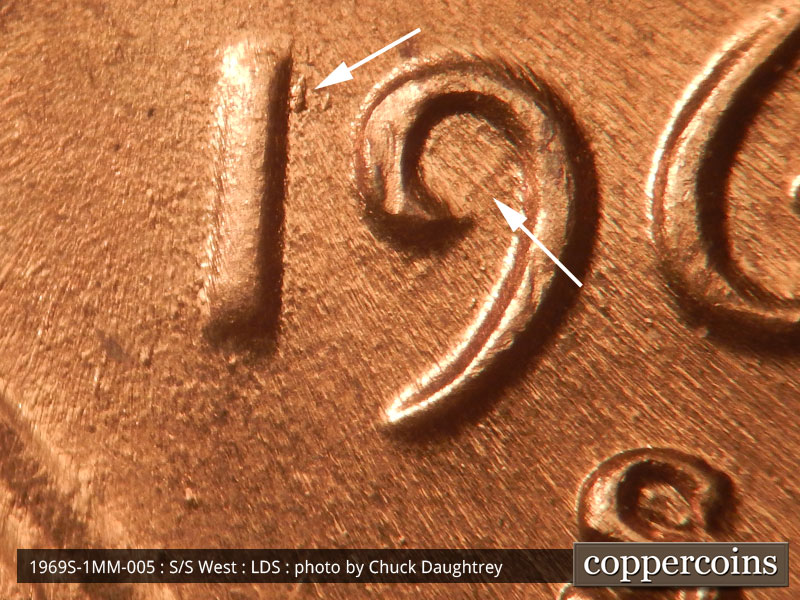 Die-stage C marker on 1969S•1MM•005 (1969 Repunched Mint Mark).