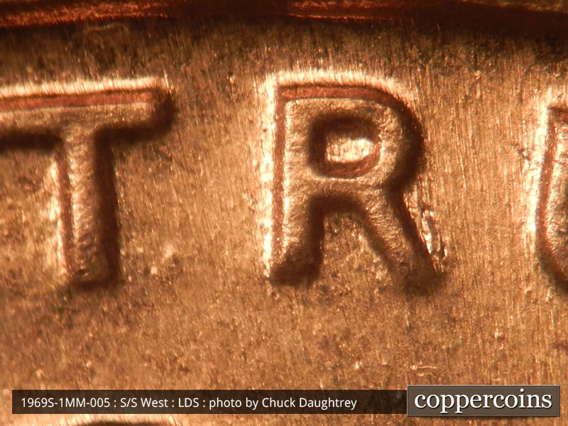 Die-stage C marker on 1969S•1MM•005 (1969 Repunched Mint Mark).