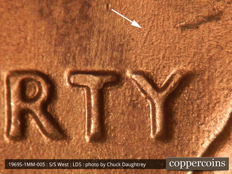 Die-stage C marker on 1969S•1MM•005 (1969 Repunched Mint Mark).