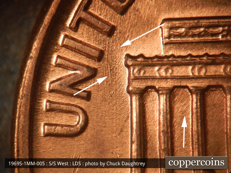 Die-stage C marker on 1969S•1MM•005 (1969 Repunched Mint Mark).