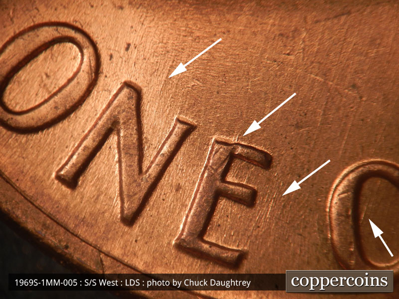 Die-stage C marker on 1969S•1MM•005 (1969 Repunched Mint Mark).