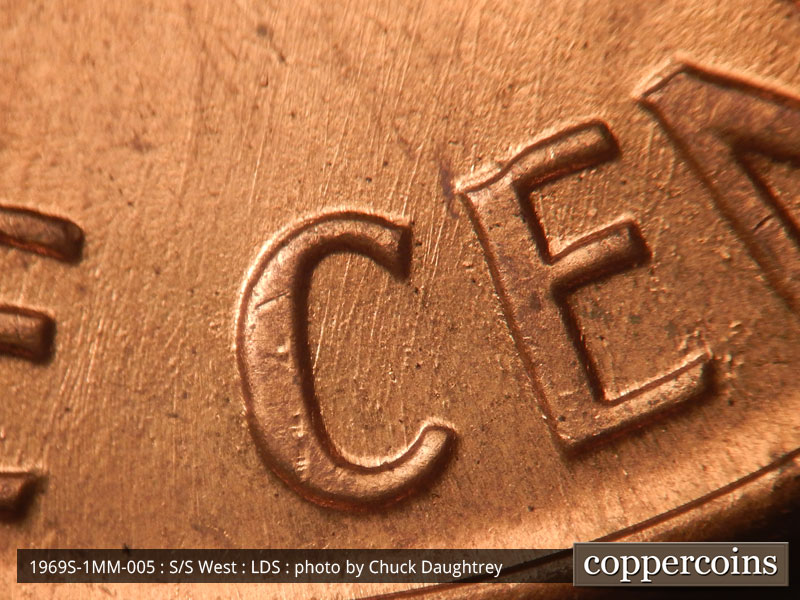 Die-stage C marker on 1969S•1MM•005 (1969 Repunched Mint Mark).