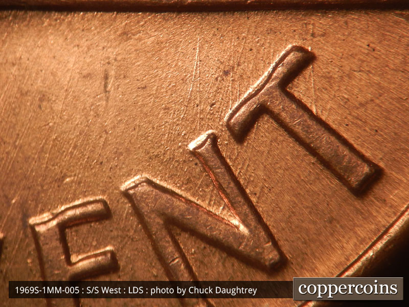 Die-stage C marker on 1969S•1MM•005 (1969 Repunched Mint Mark).