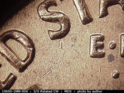 Die-stage B marker on 1969S•1MM•006 (1969 Repunched Mint Mark).