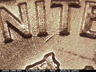 Die-stage B marker on 1969S•1MM•006 (1969 Repunched Mint Mark).