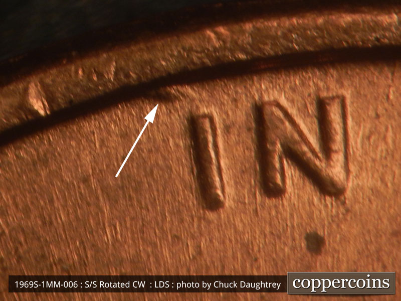 Die-stage C marker on 1969S•1MM•006 (1969 Repunched Mint Mark).