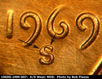 1969 Lincoln cent obverse, CopperCoins die 1969S•1MM•007.