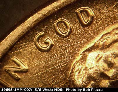 Die-stage B marker on 1969S•1MM•007 (1969 Repunched Mint Mark).