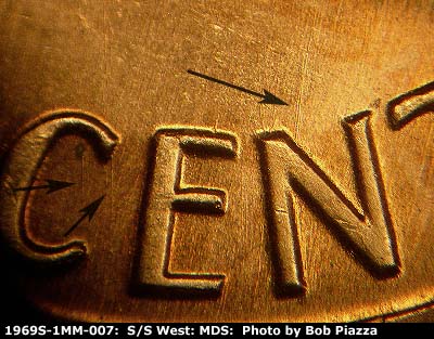 Die-stage B marker on 1969S•1MM•007 (1969 Repunched Mint Mark).