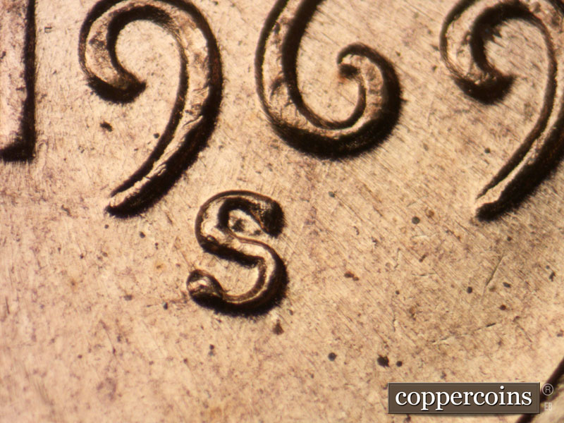 1969 Lincoln cent obverse, CopperCoins die 1969S•1MM•009.