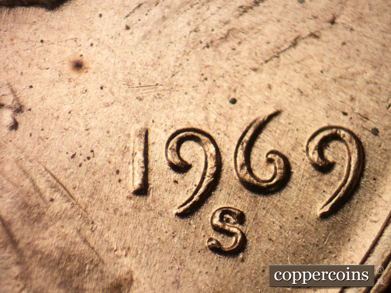Die-stage B marker on 1969S•1MM•009 (1969 Repunched Mint Mark).