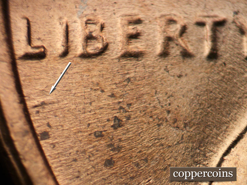 Die-stage B marker on 1970D•1DO•002 (1970 Doubled Die Obverse).