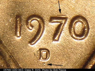 Die-stage A marker on 1970D•1DO•003 (1970 Doubled Die Obverse).