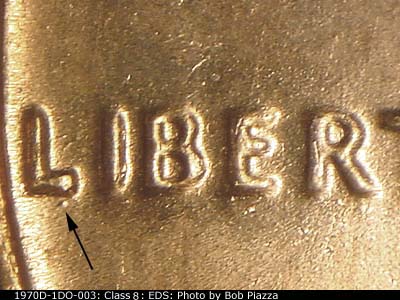 Die-stage A marker on 1970D•1DO•003 (1970 Doubled Die Obverse).