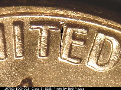 Die-stage A marker on 1970D•1DO•003 (1970 Doubled Die Obverse).