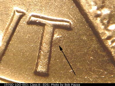Die-stage A marker on 1970D•1DO•003 (1970 Doubled Die Obverse).