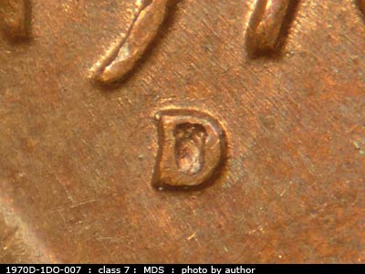 Die-stage B marker on 1970D•1DO•007 (1970 Doubled Die Obverse).