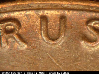 Die-stage B marker on 1970D•1DO•007 (1970 Doubled Die Obverse).