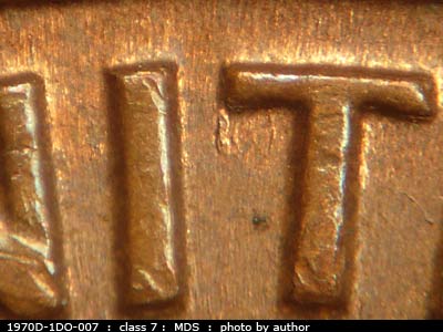 Die-stage B marker on 1970D•1DO•007 (1970 Doubled Die Obverse).