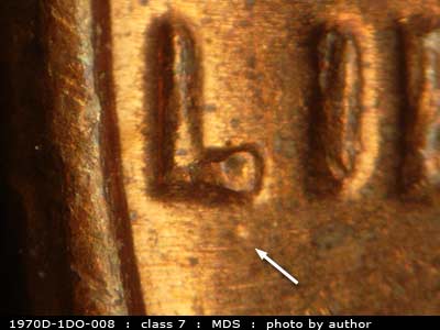 Die-stage B marker on 1970D•1DO•008 (1970 Doubled Die Obverse).