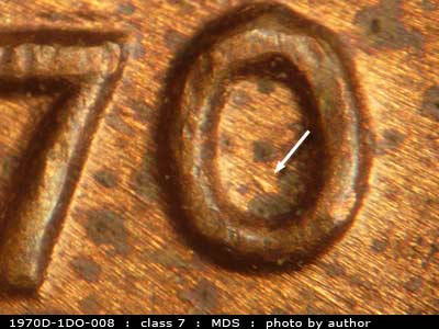 Die-stage B marker on 1970D•1DO•008 (1970 Doubled Die Obverse).