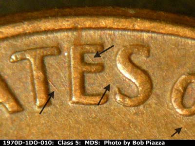 Die-stage B marker on 1970D•1DO•010 (1970 Doubled Die Obverse).