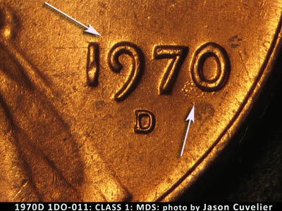 Die-stage B marker on 1970D•1DO•011 (1970 Doubled Die Obverse).