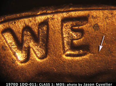 Die-stage B marker on 1970D•1DO•011 (1970 Doubled Die Obverse).